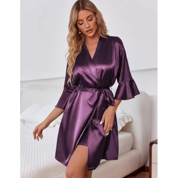 Ekouaer Womens Silk Robe Set Vneck 2 Piece Bridal Party Robes and Satin Bathrobe Set with PocketsPurple