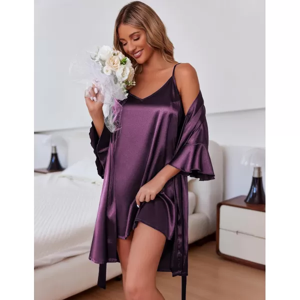 Ekouaer Womens Silk Robe Set Vneck 2 Piece Bridal Party Robes and Satin Bathrobe Set with PocketsPurple