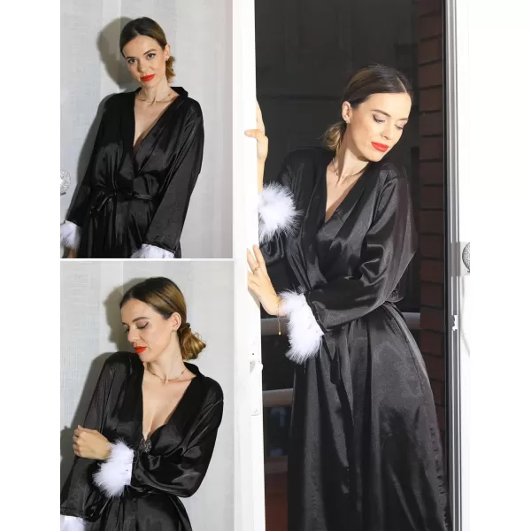 Ekouaer Womens Silk Robes Feather Trim Bride Bridesmaid Kimono Satin Bathrobe Long Sexy Sleepwear Removable FeatherBlack