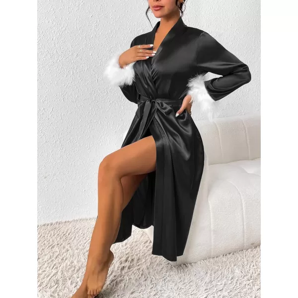 Ekouaer Womens Silk Robes Feather Trim Bride Bridesmaid Kimono Satin Bathrobe Long Sexy Sleepwear Removable FeatherBlack