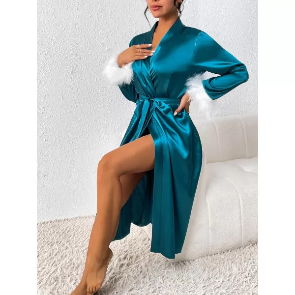 Ekouaer Womens Silk Robes Feather Trim Bride Bridesmaid Kimono Satin Bathrobe Long Sexy Sleepwear Removable FeatherTeal Green