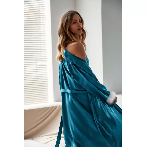 Ekouaer Womens Silk Robes Feather Trim Bride Bridesmaid Kimono Satin Bathrobe Long Sexy Sleepwear Removable FeatherTeal Green