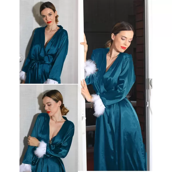 Ekouaer Womens Silk Robes Feather Trim Bride Bridesmaid Kimono Satin Bathrobe Long Sexy Sleepwear Removable FeatherTeal Green