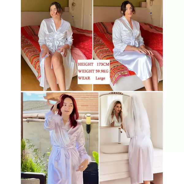 Ekouaer Womens Silk Robes Feather Trim Bride Bridesmaid Kimono Satin Bathrobe Long Sexy Sleepwear Removable FeatherWhite