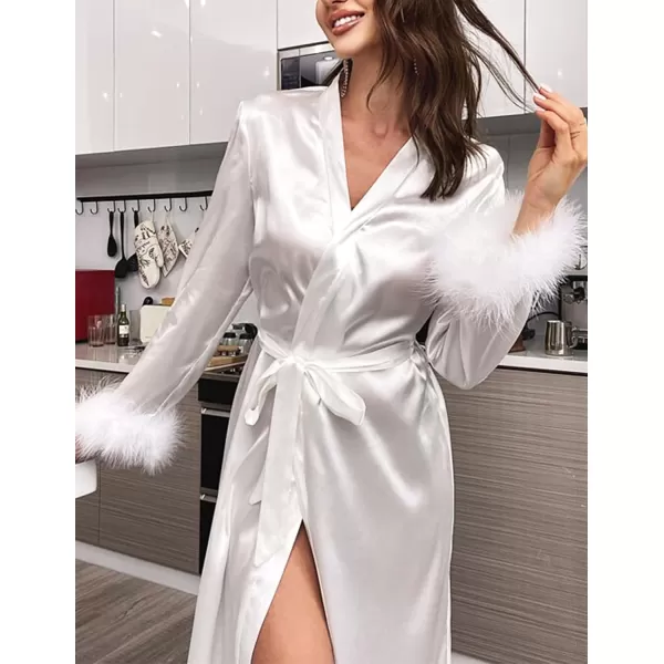 Ekouaer Womens Silk Robes Feather Trim Bride Bridesmaid Kimono Satin Bathrobe Long Sexy Sleepwear Removable FeatherWhite