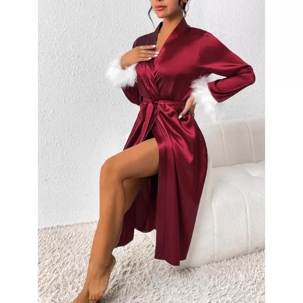 Ekouaer Womens Silk Robes Feather Trim Bride Bridesmaid Kimono Satin Bathrobe Long Sexy Sleepwear Removable FeatherWine Red