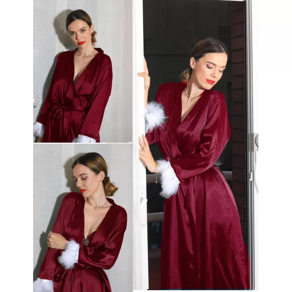 Ekouaer Womens Silk Robes Feather Trim Bride Bridesmaid Kimono Satin Bathrobe Long Sexy Sleepwear Removable FeatherWine Red