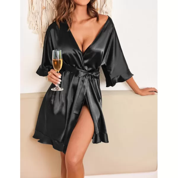 Ekouaer Womens Silk Ruffle Robe Short Satin Kimono Robe Half Sleeve Bathrobe Bridesmaid Wedding Party Dressing GownBlack