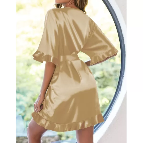 Ekouaer Womens Silk Ruffle Robe Short Satin Kimono Robe Half Sleeve Bathrobe Bridesmaid Wedding Party Dressing GownChampaign Gold