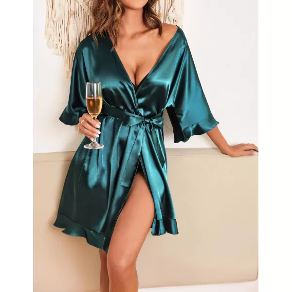 Ekouaer Womens Silk Ruffle Robe Short Satin Kimono Robe Half Sleeve Bathrobe Bridesmaid Wedding Party Dressing GownDeep Green