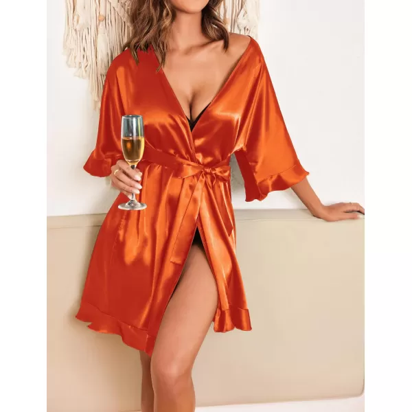 Ekouaer Womens Silk Ruffle Robe Short Satin Kimono Robe Half Sleeve Bathrobe Bridesmaid Wedding Party Dressing GownOrange