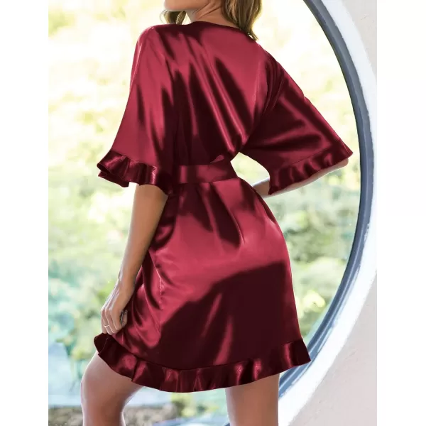 Ekouaer Womens Silk Ruffle Robe Short Satin Kimono Robe Half Sleeve Bathrobe Bridesmaid Wedding Party Dressing GownWine Red