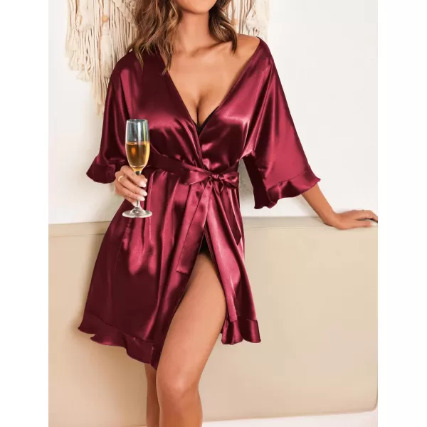 Ekouaer Womens Silk Ruffle Robe Short Satin Kimono Robe Half Sleeve Bathrobe Bridesmaid Wedding Party Dressing GownWine Red