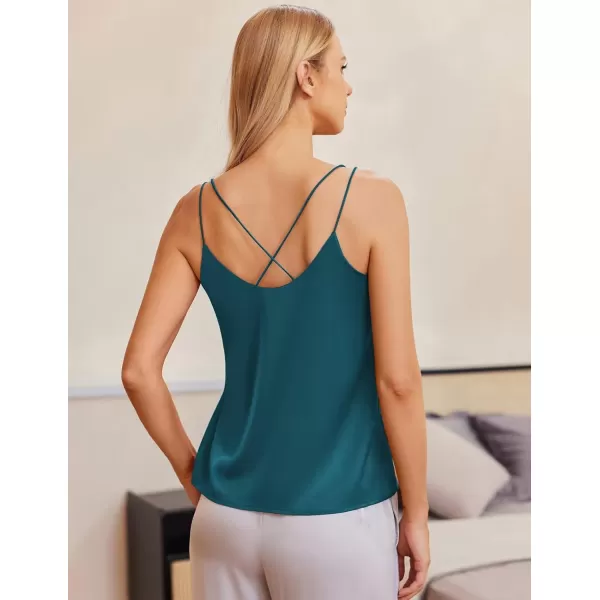 Ekouaer Womens Silk Satin Camisole Tank Tops V Neck Spaghetti Strap Blouses Cross Back Sleeveless Cami ShirtBlue Green