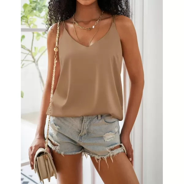 Ekouaer Womens Silk Satin Camisole Tank Tops V Neck Spaghetti Strap Blouses Cross Back Sleeveless Cami ShirtKhaki