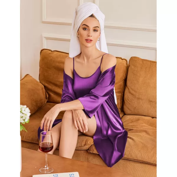 Ekouaer Womens Silk Satin Pajamas 3 Piece Pj Sleepwear Camisole Shorts Set with Robe SXXLPurple