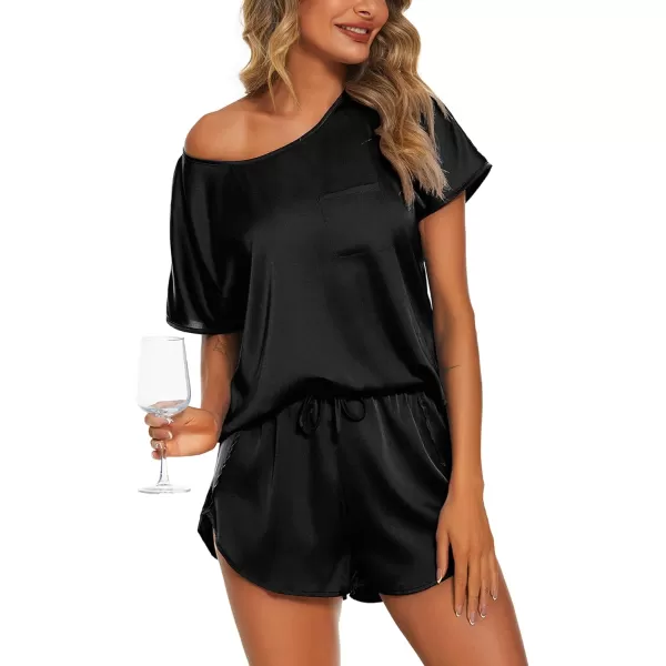 Ekouaer Womens Silk Satin Pajamas Set Short Sleeve Top and Shorts TwoPiece Pjs Silky Sleepwear NightwearBlack