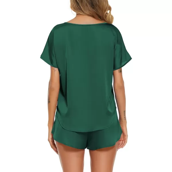 Ekouaer Womens Silk Satin Pajamas Set Short Sleeve Top and Shorts TwoPiece Pjs Silky Sleepwear NightwearDark Green