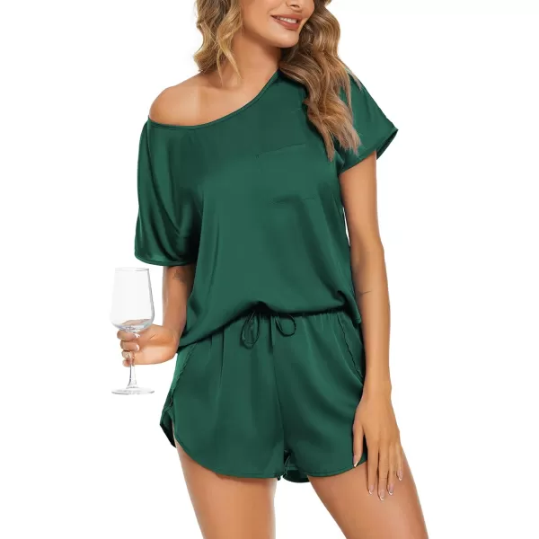 Ekouaer Womens Silk Satin Pajamas Set Short Sleeve Top and Shorts TwoPiece Pjs Silky Sleepwear NightwearDark Green