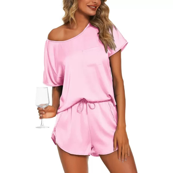 Ekouaer Womens Silk Satin Pajamas Set Short Sleeve Top and Shorts TwoPiece Pjs Silky Sleepwear NightwearPink