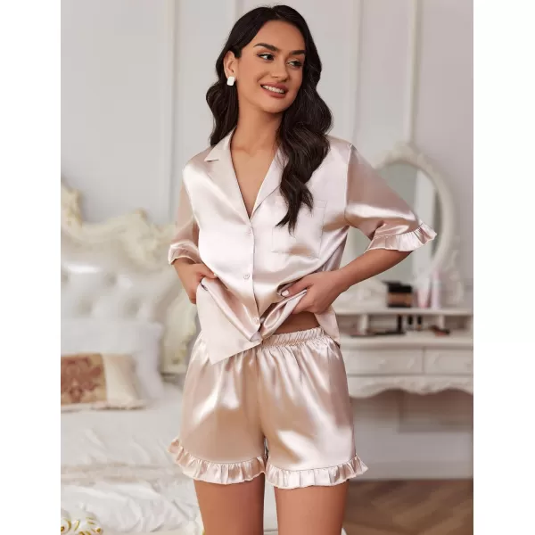 Ekouaer Womens Silk Satin Pajamas Sets Button Down Ruffled Pj Set Sleepwear SXXLChampagne