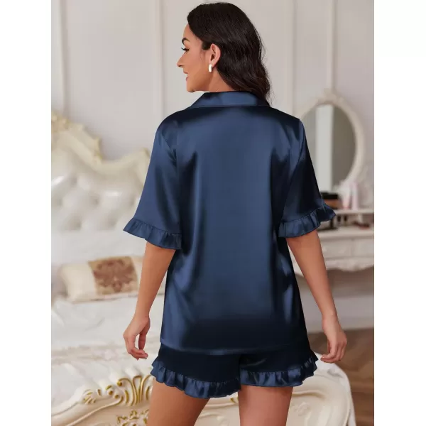 Ekouaer Womens Silk Satin Pajamas Sets Button Down Ruffled Pj Set Sleepwear SXXLNavy Blue