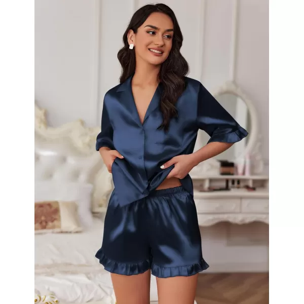 Ekouaer Womens Silk Satin Pajamas Sets Button Down Ruffled Pj Set Sleepwear SXXLNavy Blue