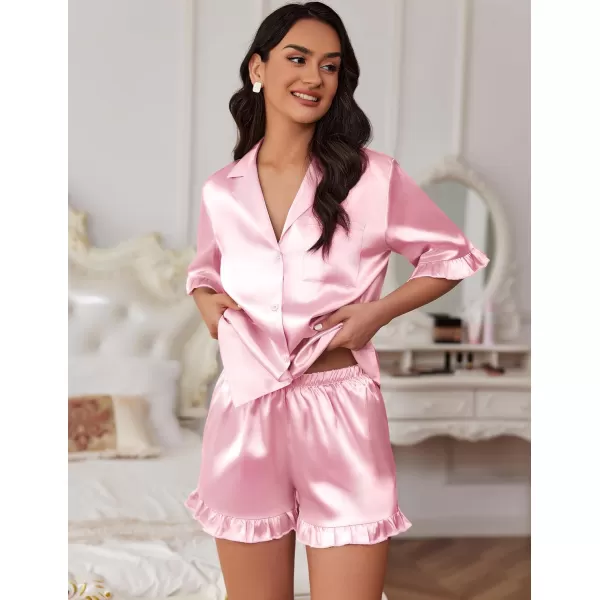Ekouaer Womens Silk Satin Pajamas Sets Button Down Ruffled Pj Set Sleepwear SXXLPink