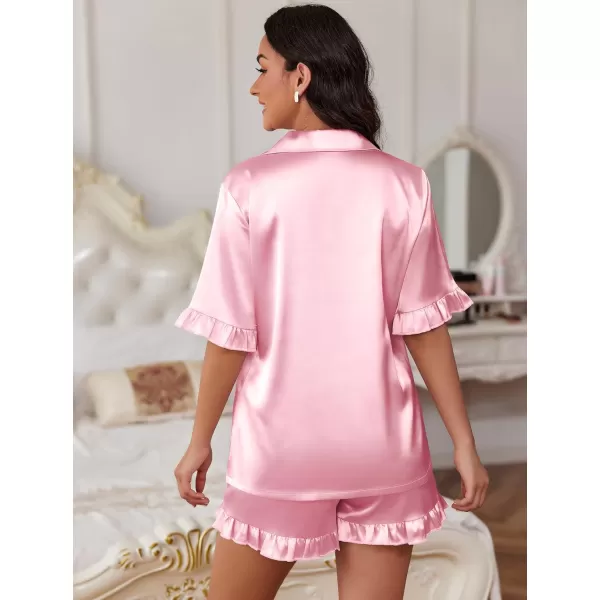 Ekouaer Womens Silk Satin Pajamas Sets Button Down Ruffled Pj Set Sleepwear SXXLPink