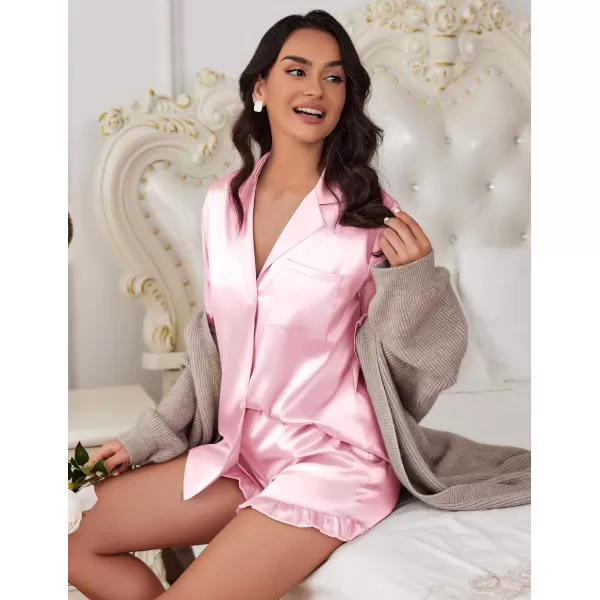Ekouaer Womens Silk Satin Pajamas Sets Button Down Ruffled Pj Set Sleepwear SXXLPink