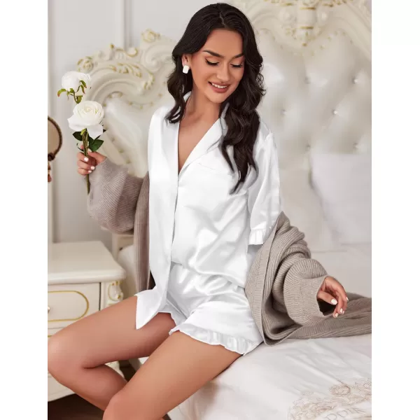 Ekouaer Womens Silk Satin Pajamas Sets Button Down Ruffled Pj Set Sleepwear SXXLWhite