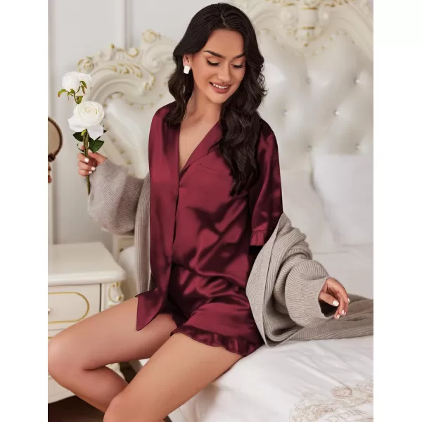 Ekouaer Womens Silk Satin Pajamas Sets Button Down Ruffled Pj Set Sleepwear SXXLWine Red