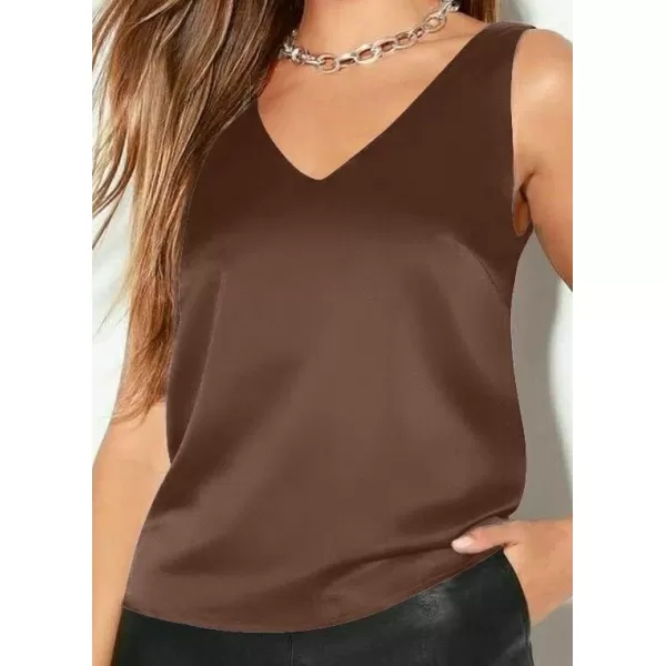 Ekouaer Womens Silk Satin Tank Tops V Neck Casual Cami Sleeveless Camisole Blouses Summer Basic Tank ShirtDark Coffe