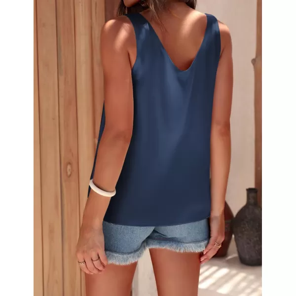 Ekouaer Womens Silk Satin Tank Tops V Neck Casual Cami Sleeveless Camisole Blouses Summer Basic Tank ShirtNavy Blue