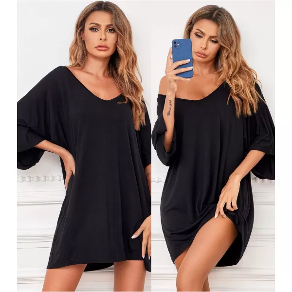 Ekouaer Womens Sleepshirt Deep V Neck Nightgown Batwing Nightshirt Oversized Sleepwear S4XLBlack