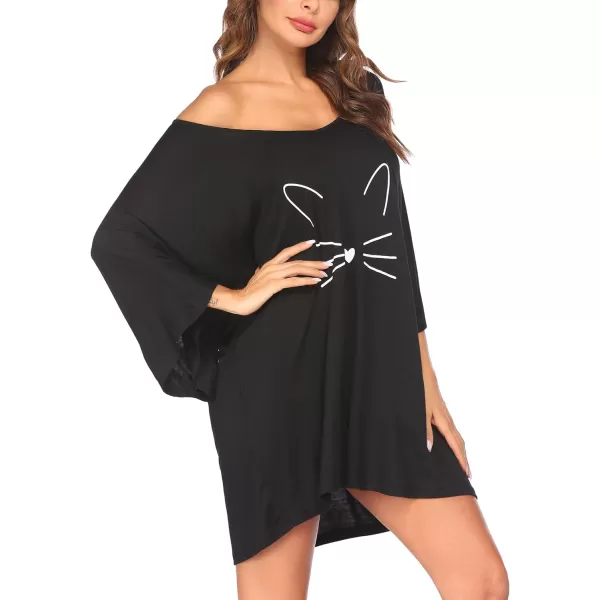 Ekouaer Womens Sleepshirt Deep V Neck Nightgown Batwing Nightshirt Oversized Sleepwear S4XLBlack Cat Print