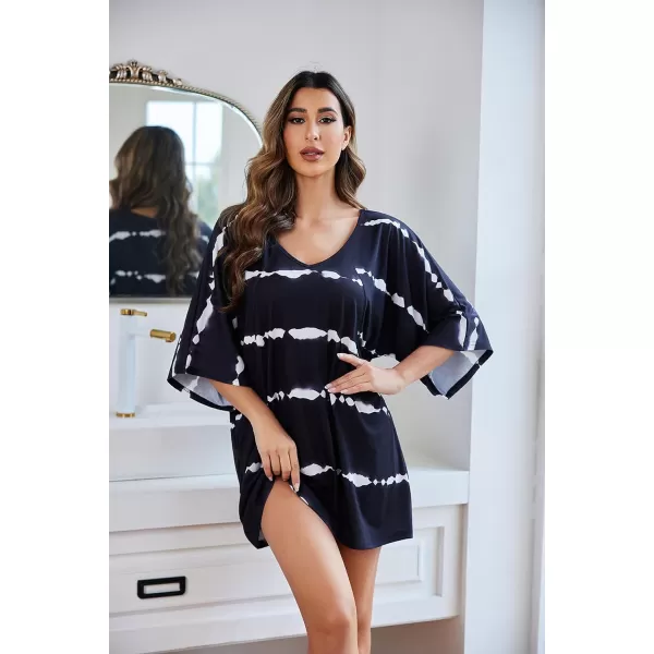 Ekouaer Womens Sleepshirt Deep V Neck Nightgown Batwing Nightshirt Oversized Sleepwear S4XLBlack Striped