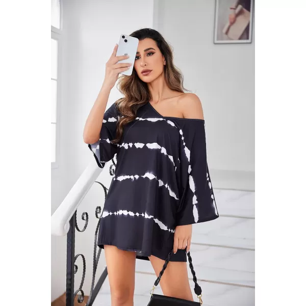 Ekouaer Womens Sleepshirt Deep V Neck Nightgown Batwing Nightshirt Oversized Sleepwear S4XLBlack Striped