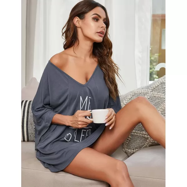 Ekouaer Womens Sleepshirt Deep V Neck Nightgown Batwing Nightshirt Oversized Sleepwear S4XLDark Grey Print