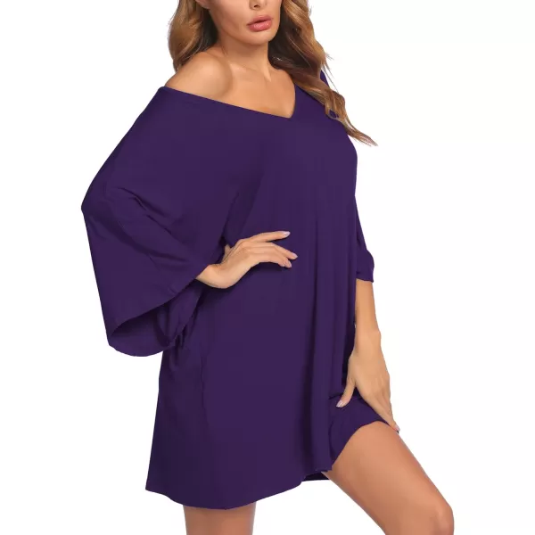 Ekouaer Womens Sleepshirt Deep V Neck Nightgown Batwing Nightshirt Oversized Sleepwear S4XLPurple