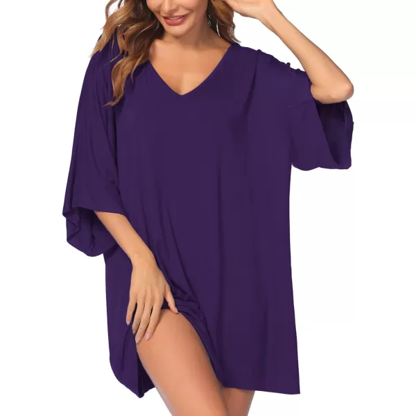 Ekouaer Womens Sleepshirt Deep V Neck Nightgown Batwing Nightshirt Oversized Sleepwear S4XLPurple