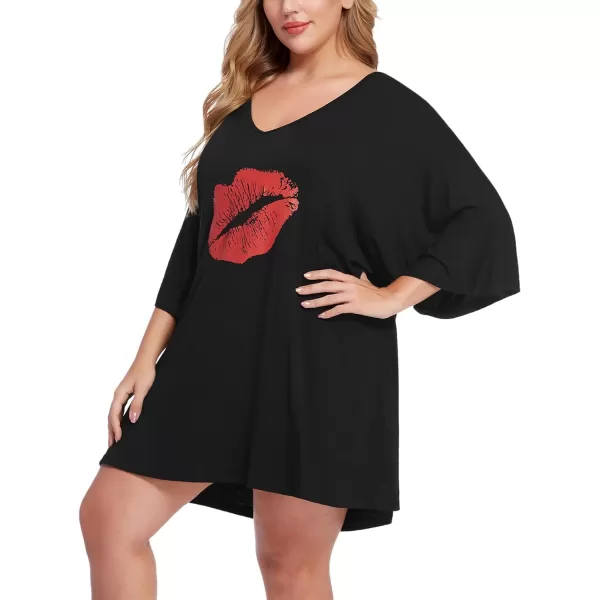 Ekouaer Womens Sleepshirt Deep V Neck Nightgown Batwing Nightshirt Oversized Sleepwear S4XLRed Lip