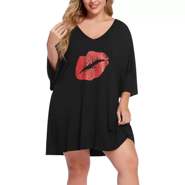 Ekouaer Womens Sleepshirt Deep V Neck Nightgown Batwing Nightshirt Oversized Sleepwear S4XLRed Lip