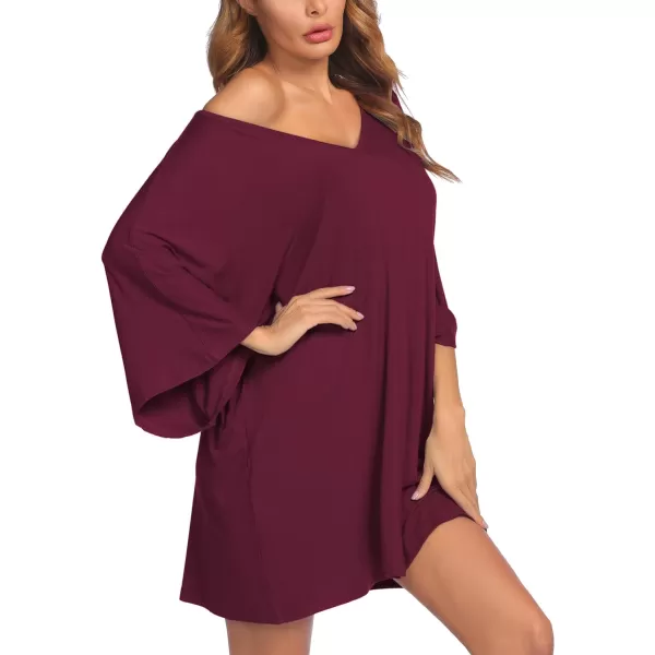 Ekouaer Womens Sleepshirt Deep V Neck Nightgown Batwing Nightshirt Oversized Sleepwear S4XLWine Red