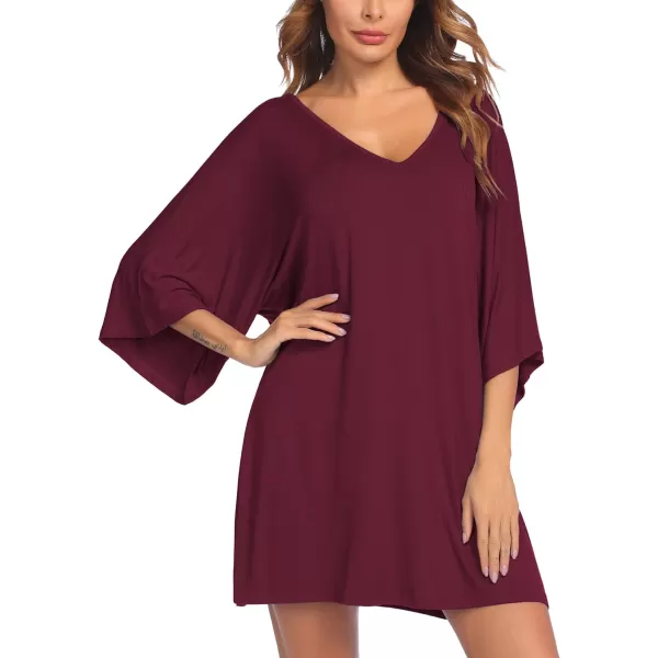 Ekouaer Womens Sleepshirt Deep V Neck Nightgown Batwing Nightshirt Oversized Sleepwear S4XLWine Red