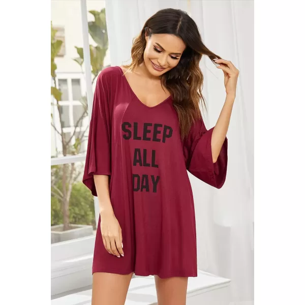 Ekouaer Womens Sleepshirt Deep V Neck Nightgown Batwing Nightshirt Oversized Sleepwear S4XLWine Red Print