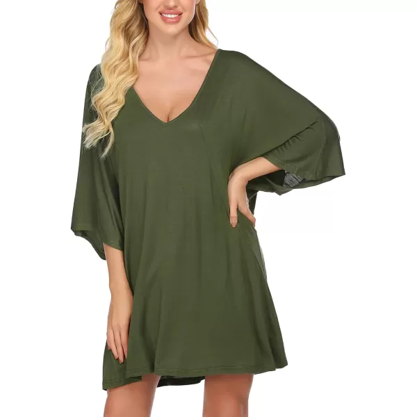 Ekouaer Womens Sleepshirt Deep V Neck Nightgown Batwing Nightshirt Oversized Sleepwear S4XLZarmy Green