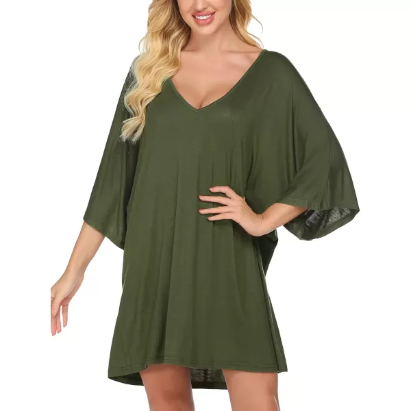 Ekouaer Womens Sleepshirt Deep V Neck Nightgown Batwing Nightshirt Oversized Sleepwear S4XLZarmy Green