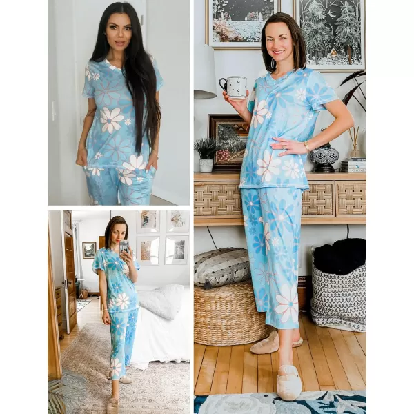 Ekouaer Womens Sleepwear Capri Pajama Sets Short Sleeve TwoPiece Pjs V Neck Tops amp Capri Pants with Pockets S3XLClight Blue