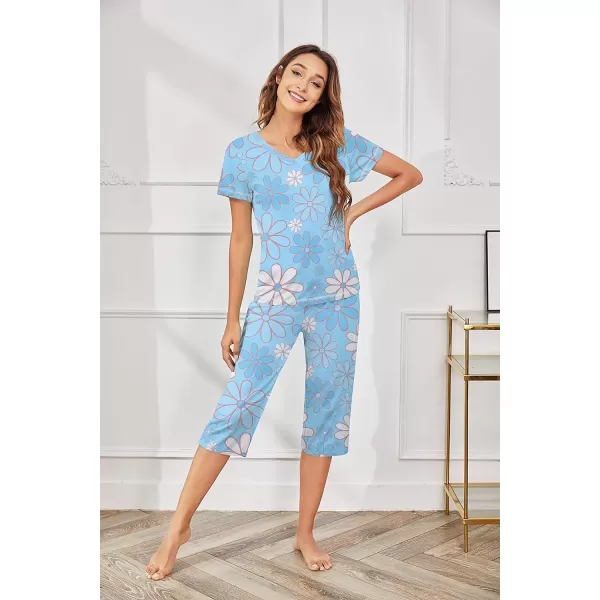 Ekouaer Womens Sleepwear Capri Pajama Sets Short Sleeve TwoPiece Pjs V Neck Tops amp Capri Pants with Pockets S3XLClight Blue